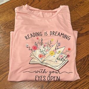 SHEIN Pink Short Sleeve Tee with Floral Book Design